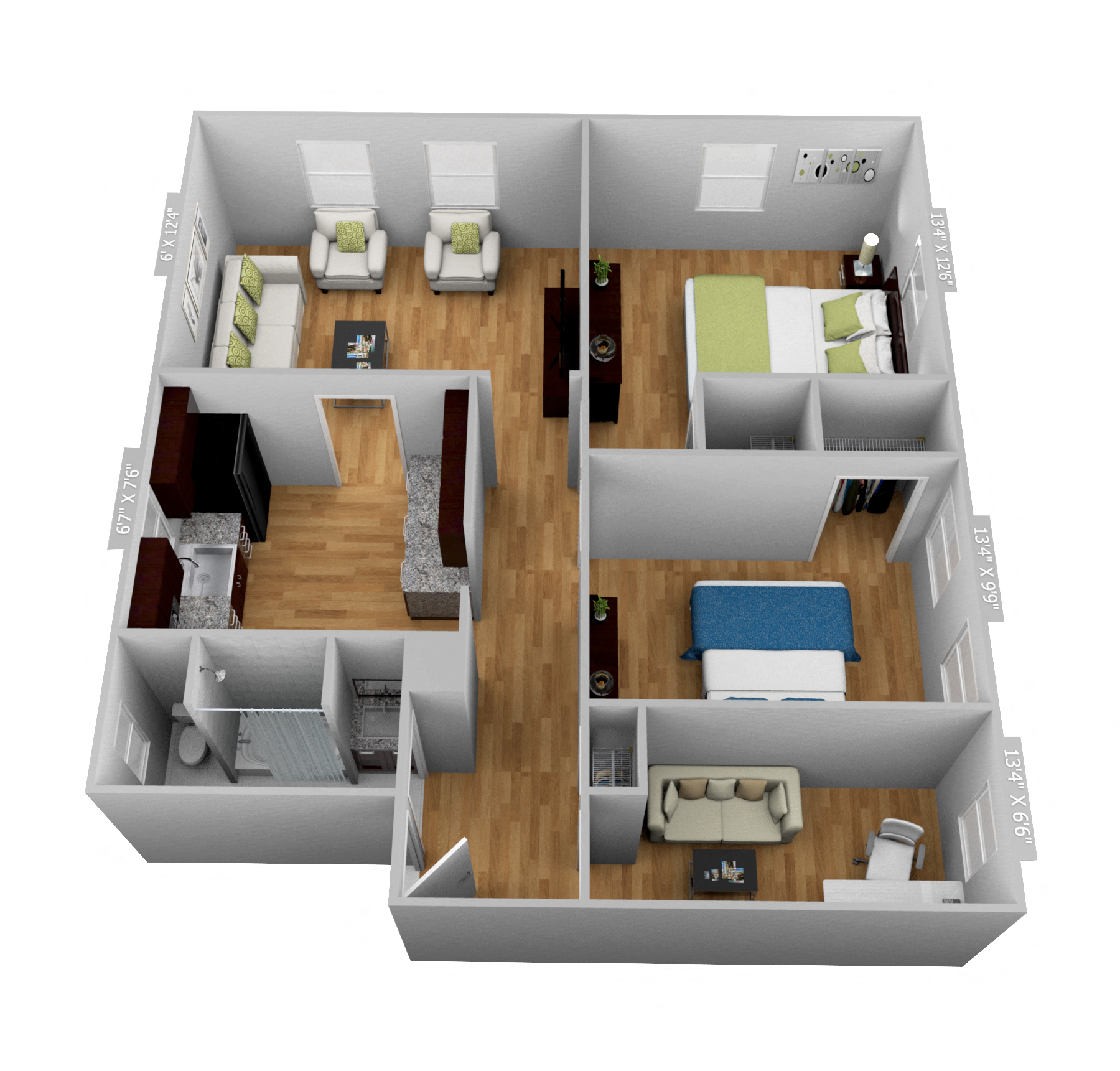 Floor plan for 2 beds, 1 bath, 950 sqft